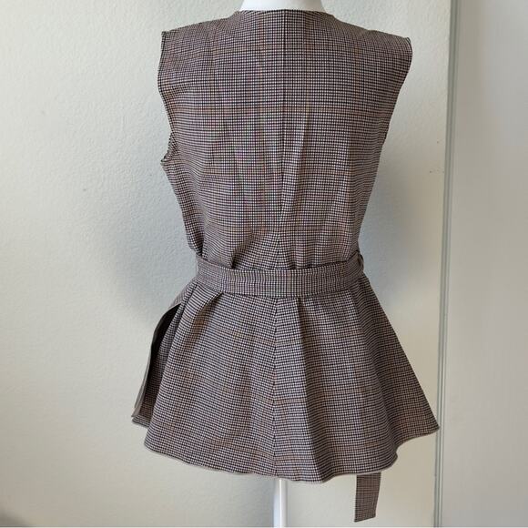 Theory Brown Plaid Wool Belted Peplum Waist Tie Top - Picture 6 of 8